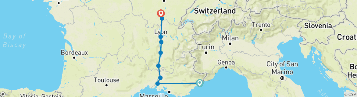 Map of Burgundy & Provence with 2 Nights in French Riviera for Jazz Lovers (Northbound) 2025