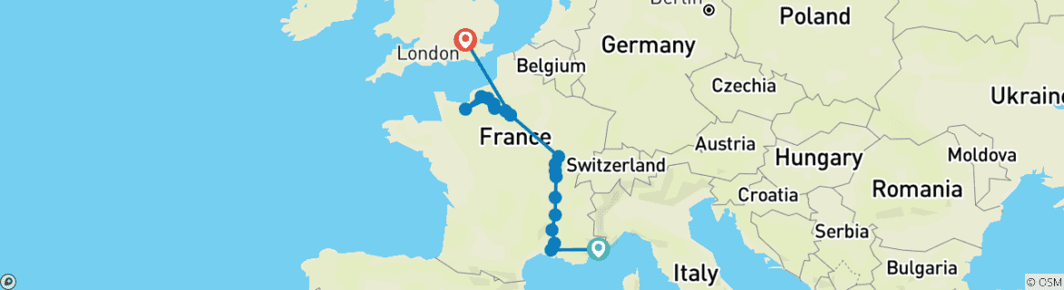 Carte du circuit La Grande France avec 2 nuits sur la Côte d'Azur et 3 nuits à Londres pour les amateurs de vin (vers le nord) 2025