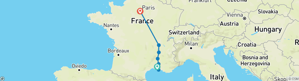 Map of Active & Discovery on the Rhône with 2 Nights in Paris (Northbound) 2025