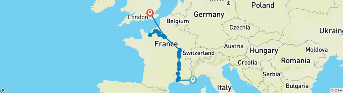 Map of Grand France with 2 Nights in French Riviera & 3 Nights in London for Jazz Lovers (Northbound) 2025