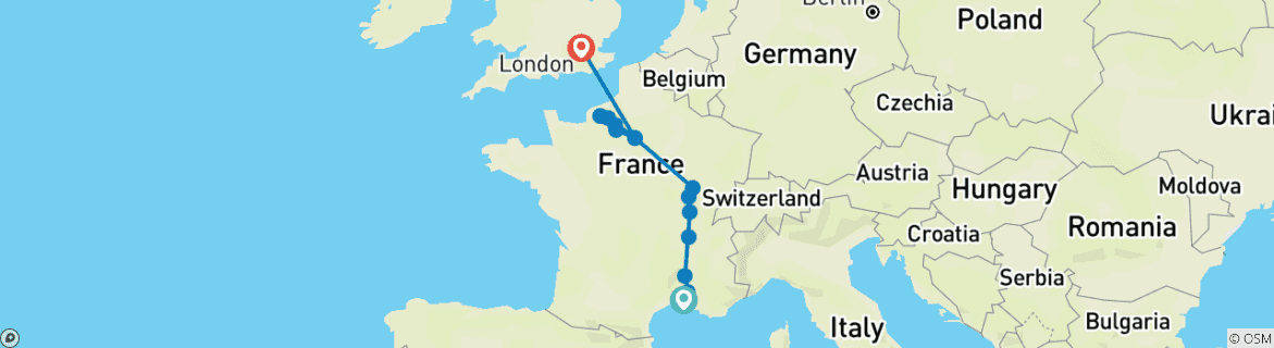 Map of A Culinary Experience in Grand France with 3 Nights in London (Northbound) 2025