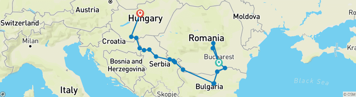 Map of The Danube from Romania to Budapest with 1 Night in Bucharest, 2 Nights in Transylvania & 1 Night in Budapest 2025