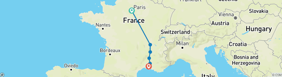 Map of Active & Discovery on the Rhône with 2 Nights in Paris (Southbound) 2025