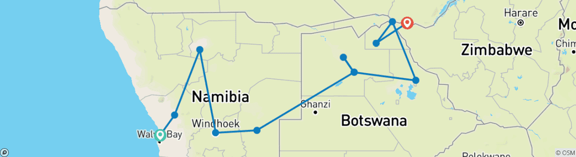 Mapa de De Namibia a las cataratas - alojamiento - 12 días