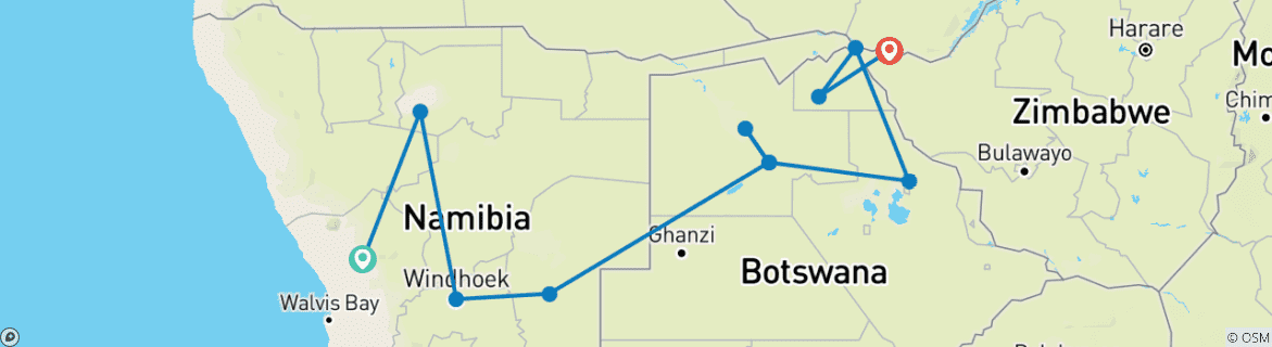 Mapa de De Namibia a las cataratas - 12 días