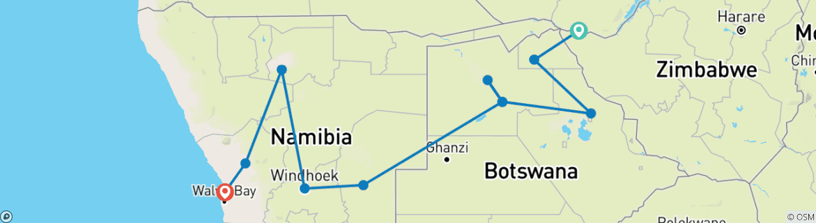 Mapa de De las cataratas a Namibia - alojamiento - 12 días