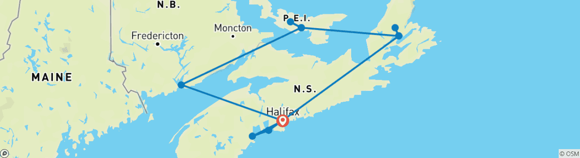Carte du circuit Aventure dans les Maritimes canadiennes 2024