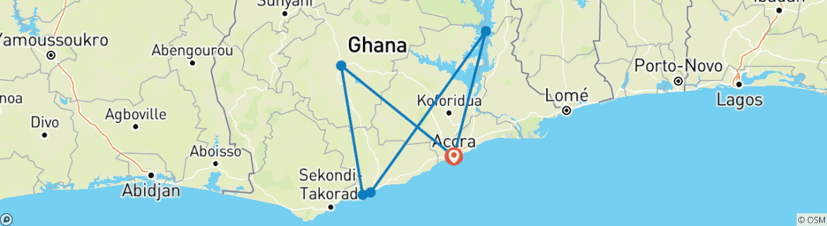 Map of Ghanian Adventure 9 Days/8 Nights (Comfort Plus)