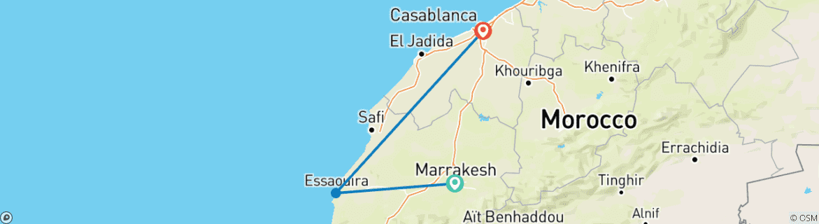 Carte du circuit De Marrakech à Casablanca : Désert d'Agafay et Côte Atlantique - 6 jours