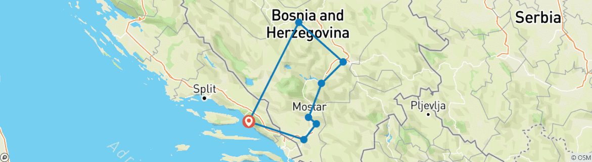 Map of Bosnia 3-day discovery tour from Baska Voda. Visit Bosnian gems: Pocitelj, Blagaj, Mostar, Sarajevo, Travnik. Culture, history, architecture and more!