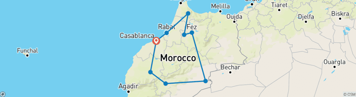 Map of 10 Days Tour From Casablanca (Private)