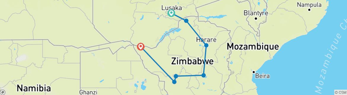 Map of 11 Days Exploring The 5 UNESCO World Heritage Sites In Zimbabwe