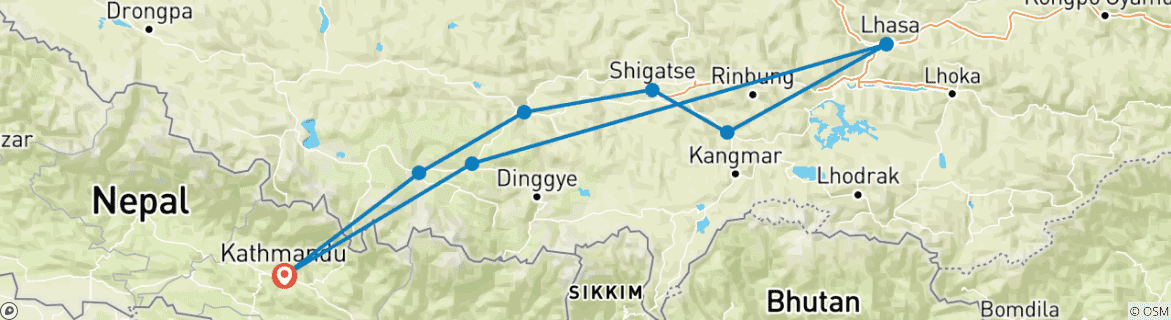 Map of Drive in Drive out - Kathmandu - Lhasa - Kathmandu Tour