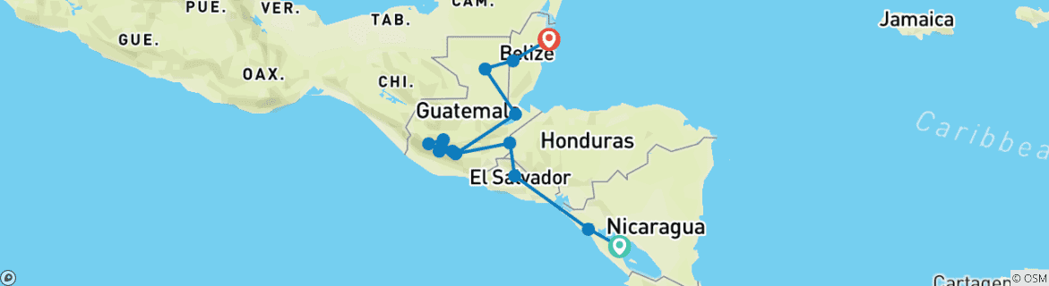 Carte du circuit Découverte du Nicaragua au Belize