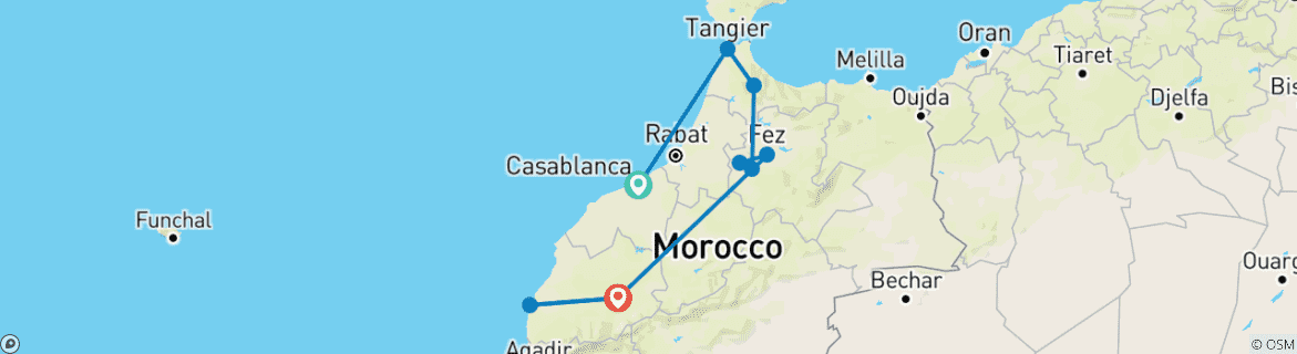 Map of 12 Days Morocco Tour from Casablanca