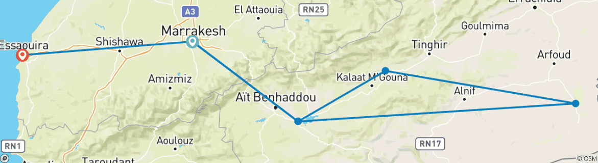 Map of 10 Days Private Tour : Kasbahs & Deserts of Morocco