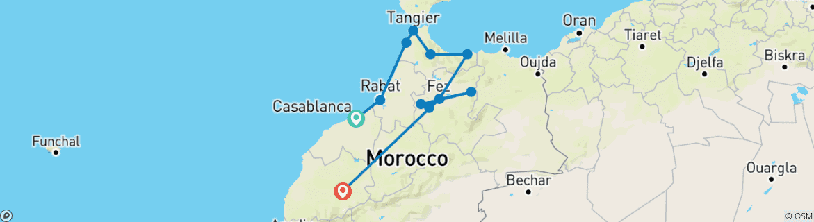 Map of Mediterranean Moroccco :15 Days Tour in Morocco From Casablanca