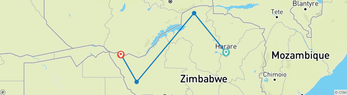 Map of 7-Days Mana Pools  & Hwange National Park