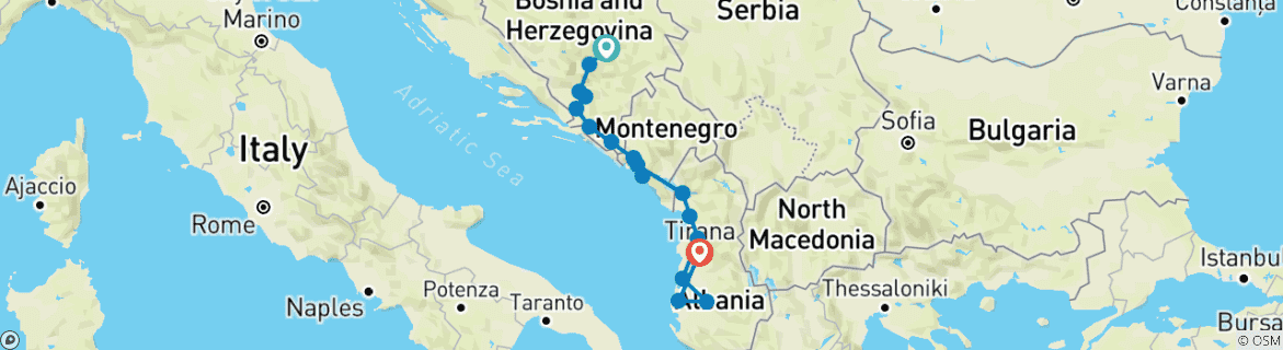 Map of All seasons 10 days Bosnia +Montenegro +Albania discovery tour from Sarajevo. Walk the Balkans off the beaten path.