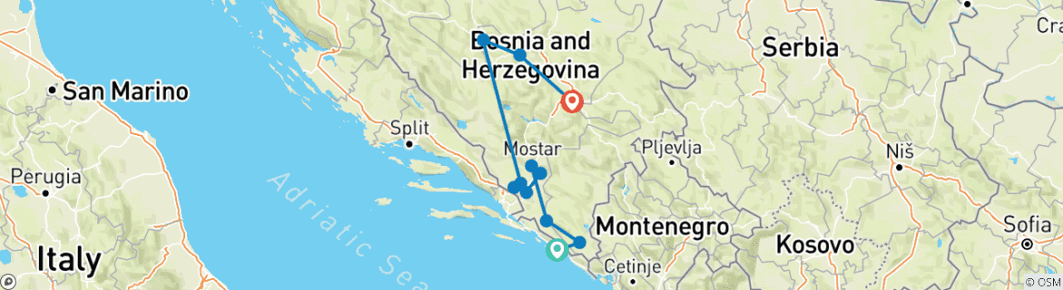 Map of Year-round 6 days Bosnia discovery tour from Dubrovnik. Medieval land of Bosnia: scenic roads, fortresses, monasteries, Ottoman towns.