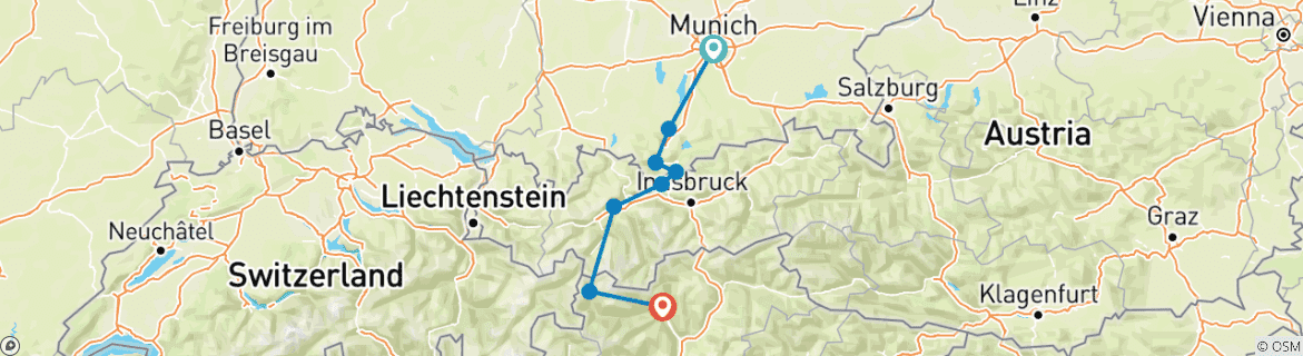 Carte du circuit De Munich à Merano de Charme 8/7