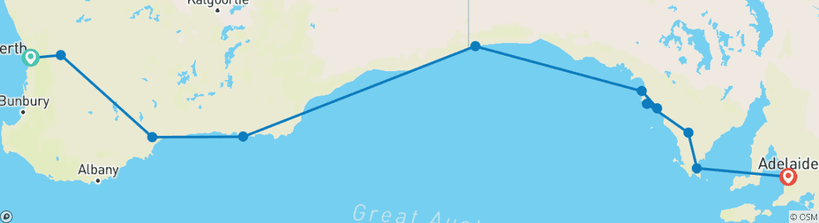 Mapa de Viaje de aventura de 10 días de Perth a Adelaida