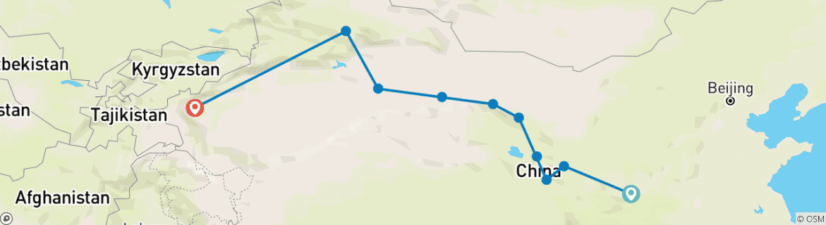 Map of Xi'an to Kashgar Silk Road Tour 14 Days by Train