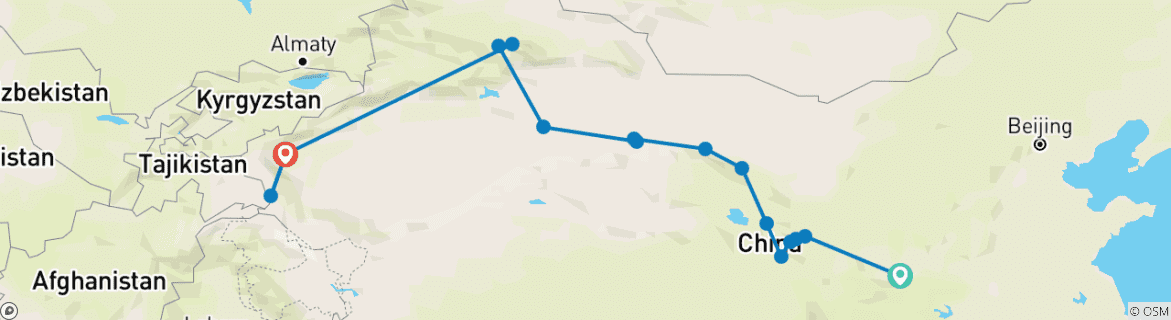Image of a map showing the route of the tour