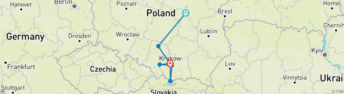 Map of Tailor-Made Private Trip to Southern Poland with Daily Departure