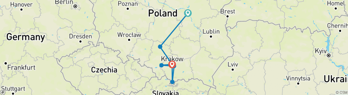 Carte du circuit Voyage privé sur mesure de 7 jours dans le sud de la Pologne, départ quotidien et voiture exclusive