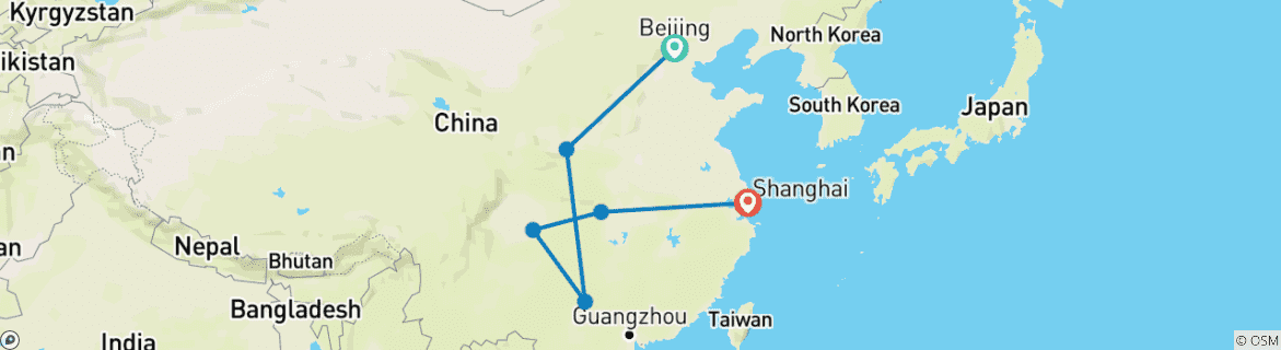 Carte du circuit 14 jours en Chine avec croisière sur le fleuve Yangtze et Guilin