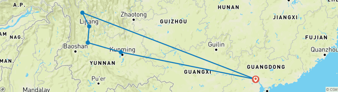 Map of Guangzhou to Yunnan Province 12 Days