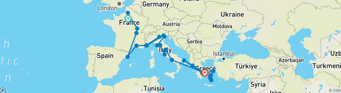 Carte du circuit De Londres à Athènes en passant par les îles grecques (et en commençant par Paris)