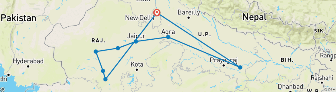 Carte du circuit Expédition au Triangle d'Or et au Rajasthan en Inde (privé sur mesure)