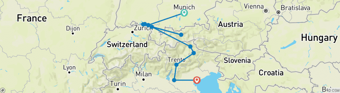 Carte du circuit Escapade dans les Alpes : Allemagne, Autriche et Italie