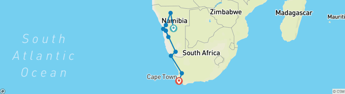 Carte du circuit Namibie et découverte du Cap - avec hébergement - 11 jours