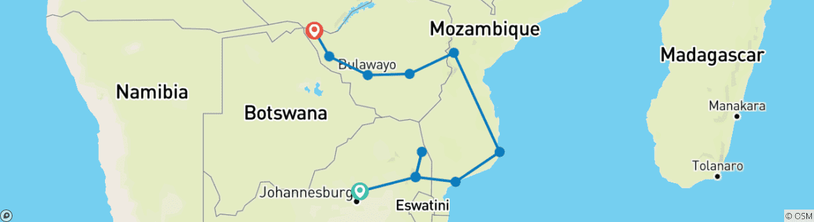 Mapa de Descubrimiento de Mozambique y Zimbabue - 14 días