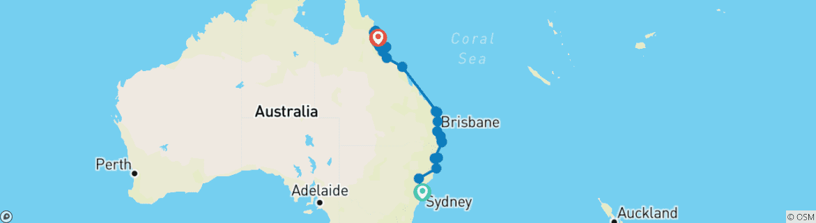 Mapa de Aventura en la costa este de Australia (34 destinations)