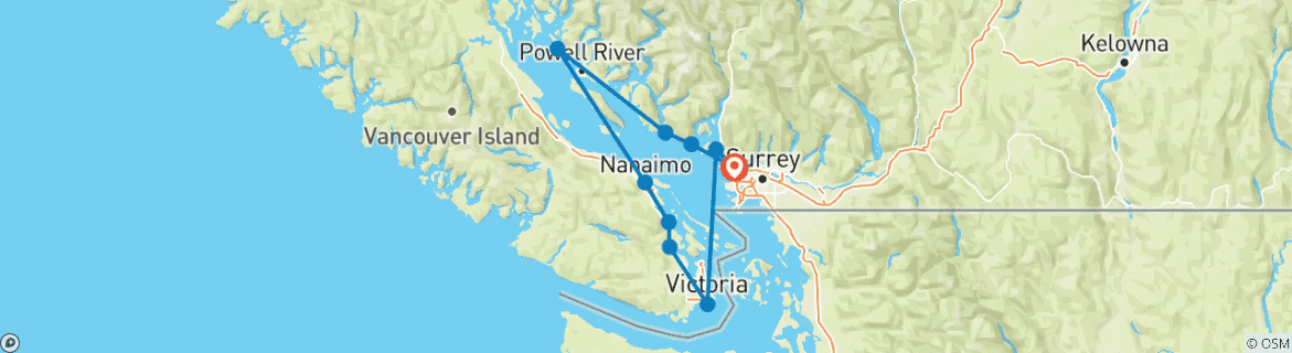 Map of 5 Days Vancouver Island, Victoria, Duncan, Lady Smith, Nanaimo, Comox, Lund, Sunshine Coast, Coastal Circle Tour From Vancouver