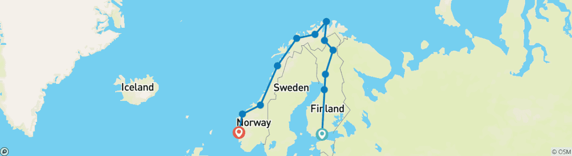 Map of Top of Scandinavia with Arctic Circle with Coastal Cruise