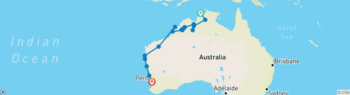 Map of Darwin to Perth Overland