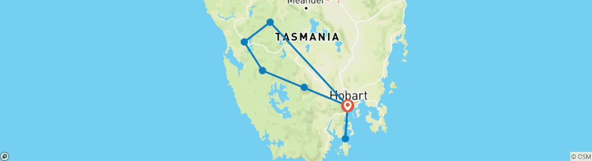 Map of Cradle Mountain & Bruny Island Tour