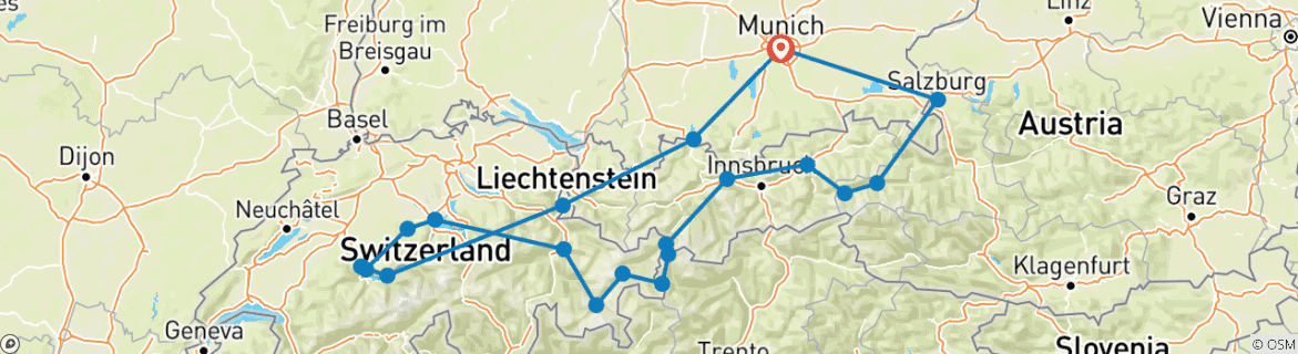 Map of Fall/Spring 5-Country Alpine Tour in a Porsche: Pre-set sat-nav guided