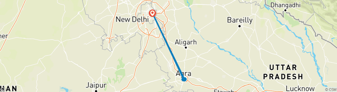 Kaart van Reisarrangement van Delhi naar Agra