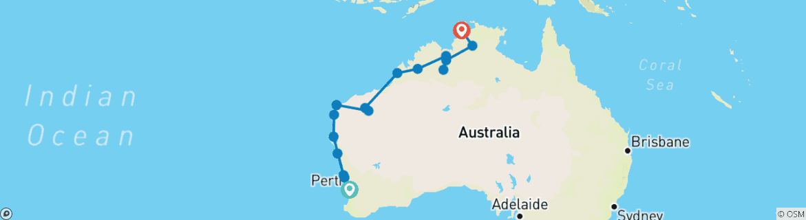 Map of Perth to Darwin Overland