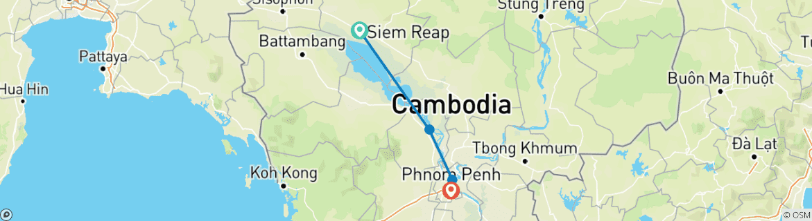 Map of 4-Day Downstream Mekong River Cruise from Siem Reap To Phnom Penh