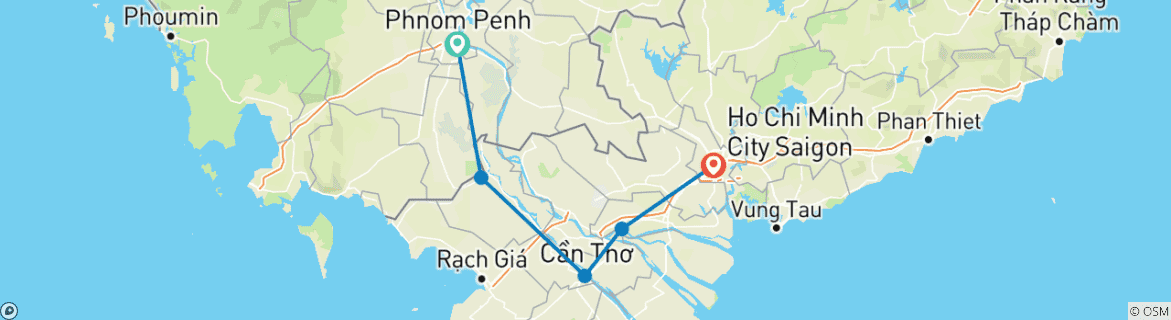 Map of 4-Day Downstream Phnom Penh To Saigon Via Can Tho, Chau Doc, Cai Be By Mekong Eyes Cruise