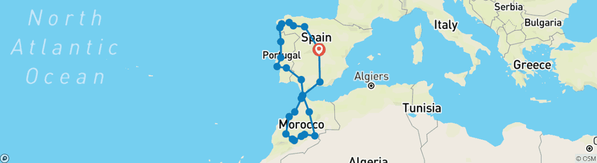 Map of Iberian best and Mysterious Morocco (25 destinations)