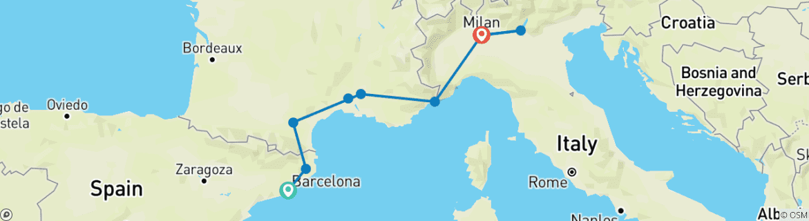 Map of Magical Barcelona, France & Italy -11 Days (Small Group)