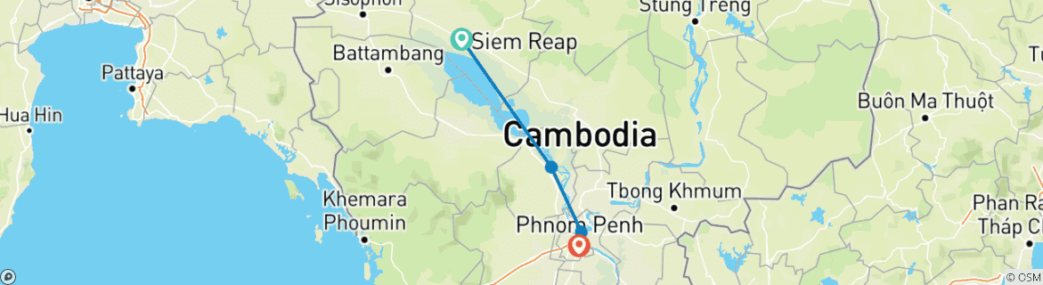 Map of 4-Day Downstream Mekong River Cruise Tours from Siem Reap To Phnom Penh